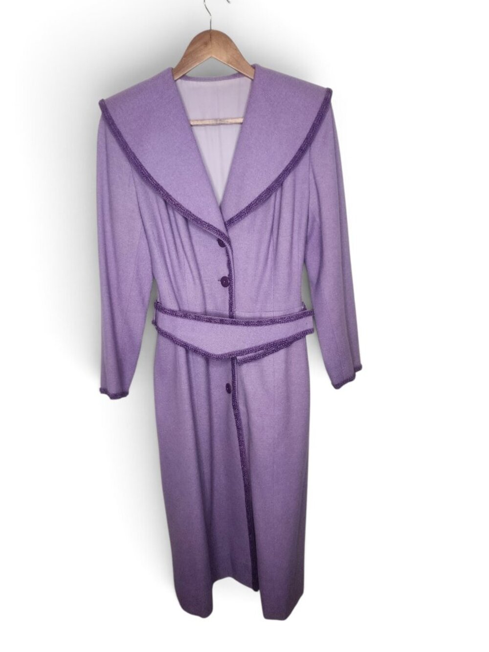 Vintage Wool Long Sleeve 40s 80s Style Belted Dress in Purple Size S